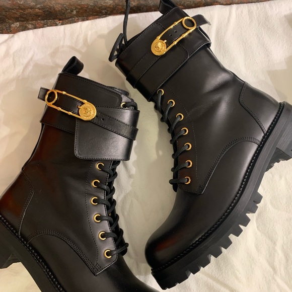 Versace Shoes Womens Versace Safety Pin Leather Combat Boots Poshmark